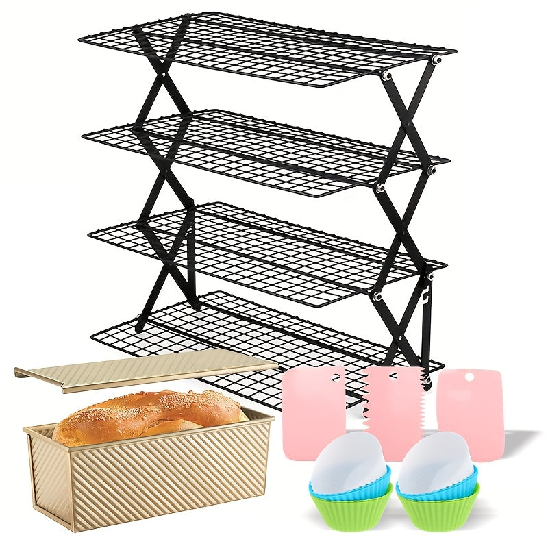 4-Tier Collapsible Cooling Rack Set with Muffin Cups – Metal Wire Baking Rack for Cookies Cakes for Grilling, Camping and Outdoor Meals