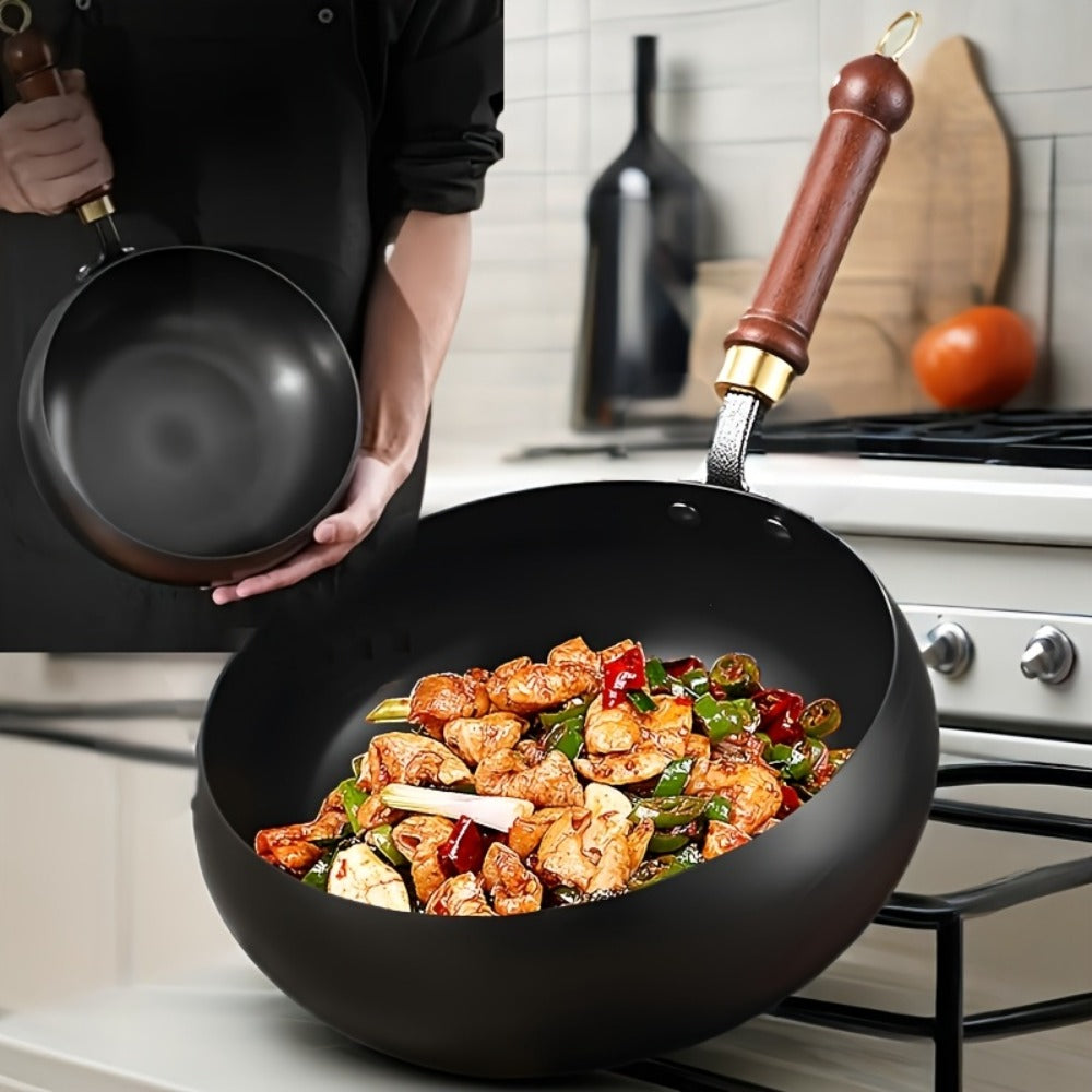 Carbon Steel Wok Pan with Large-Belly Uncoated Design and Heat-Resistant Handle for Stir-Fry, Soup, Stew and Camping Cooking