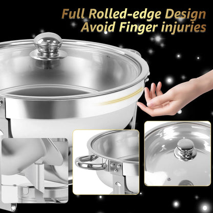 Golden Chafing Dish Buffet Set with Glass Lid 6QT Round Stainless Steel Food Warmer Chafer for Catering Party Dinners Weddings