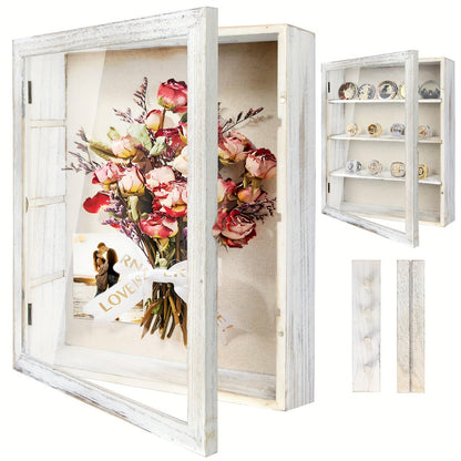 Shadow Box Frame 11x14 Large Memory Display Case with Linen Back – 4 Removable Shelves for Medals, Coins, Rings, Pins