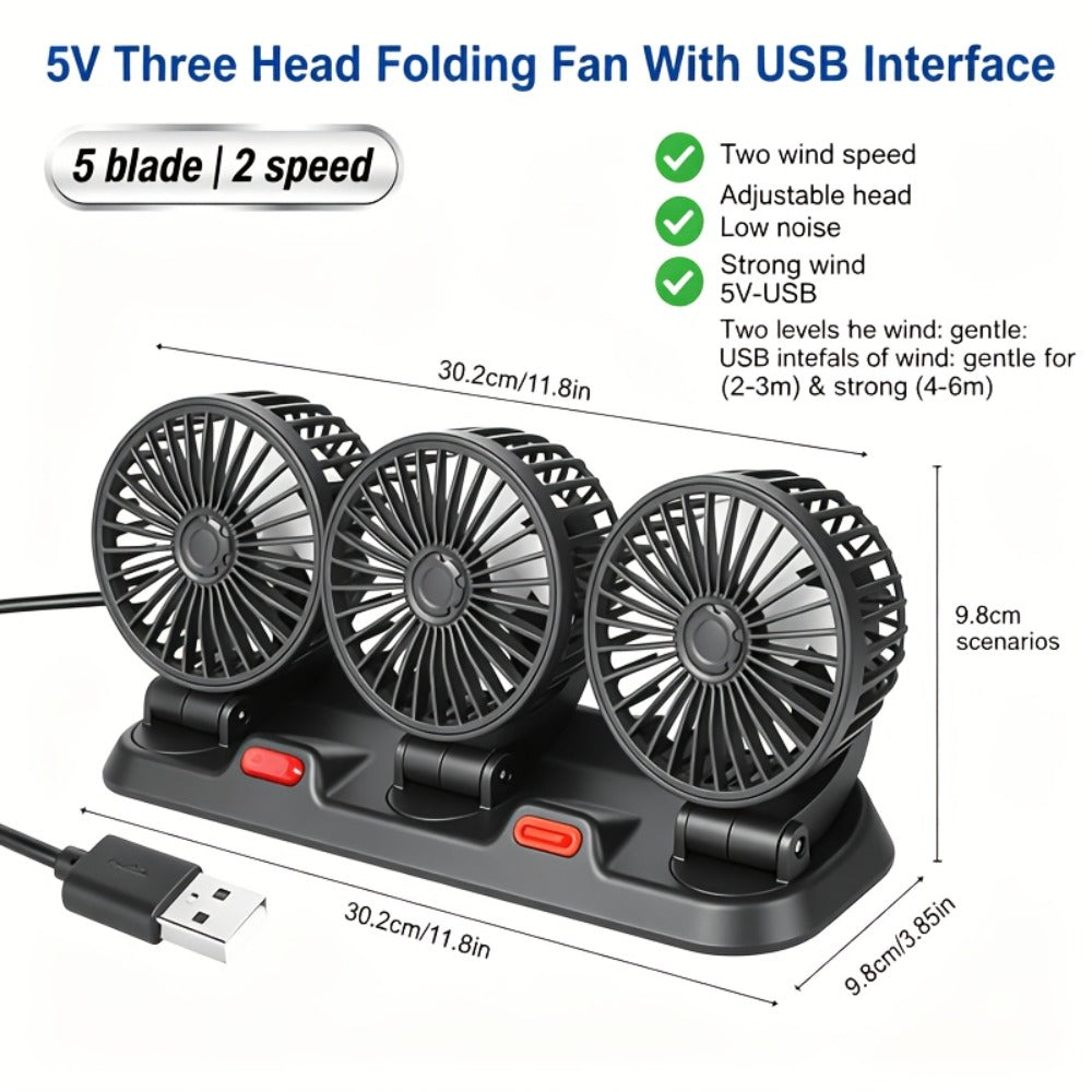 USB 3-Head Desk Fan Quiet Operation Adjustable Speed Powerful Efficient Cooling for Home for Home, Office and Desktop Air Circulation