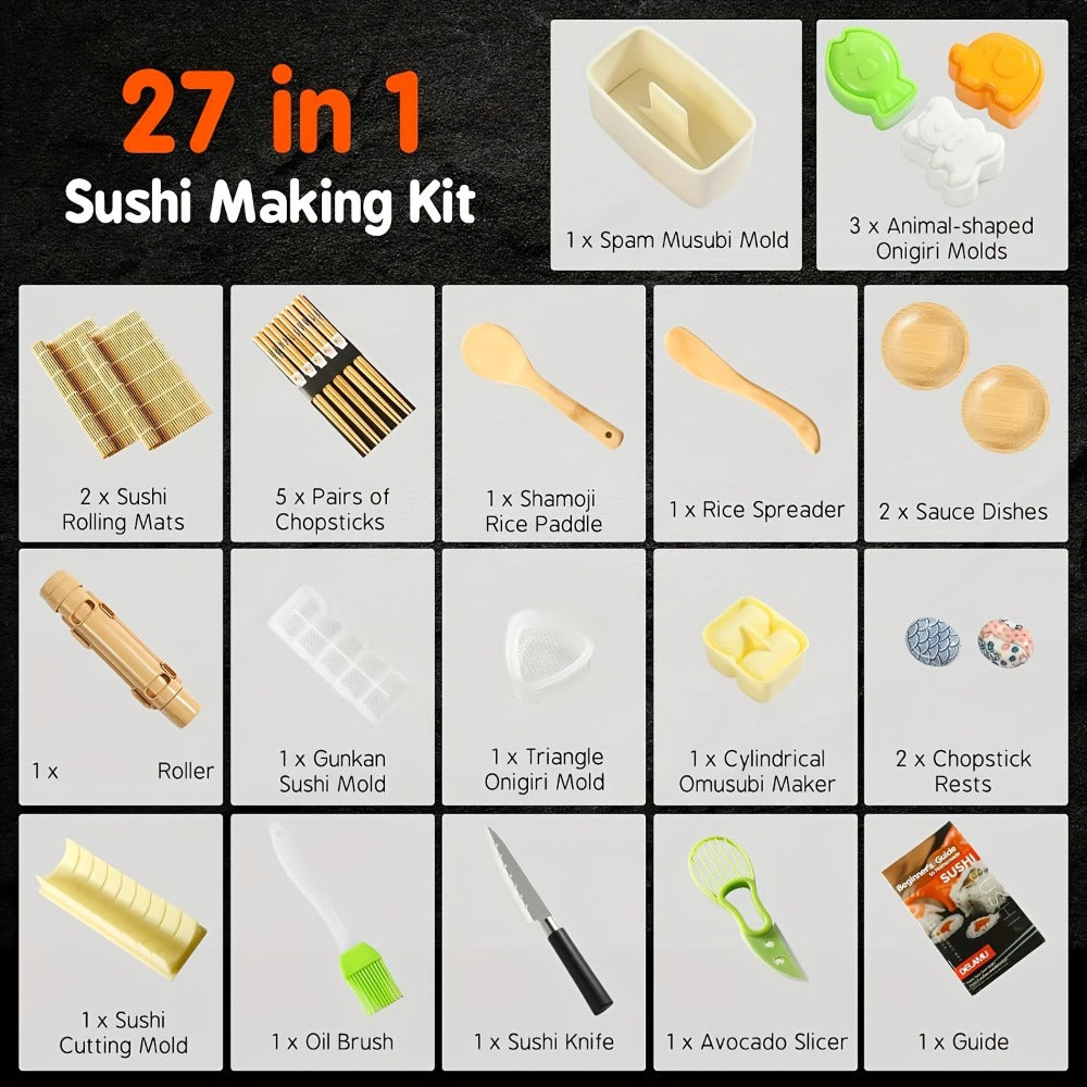 Sushi Making Kit 9/27Pcs with Bamboo Rolling Mats, Rice Molds, Paddle, Knife & Chopsticks, Beginner Set for Home