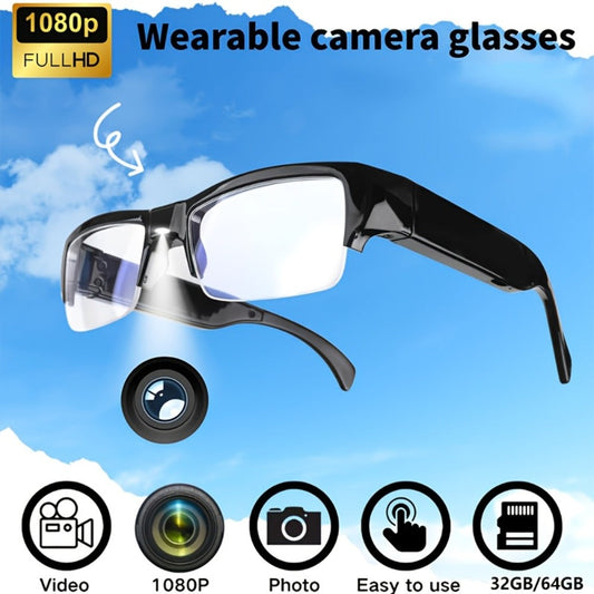 Slim Clear-Lens Camera Glasses in Black with Front Camera and 32GB or 64GB Memory Card Bundles