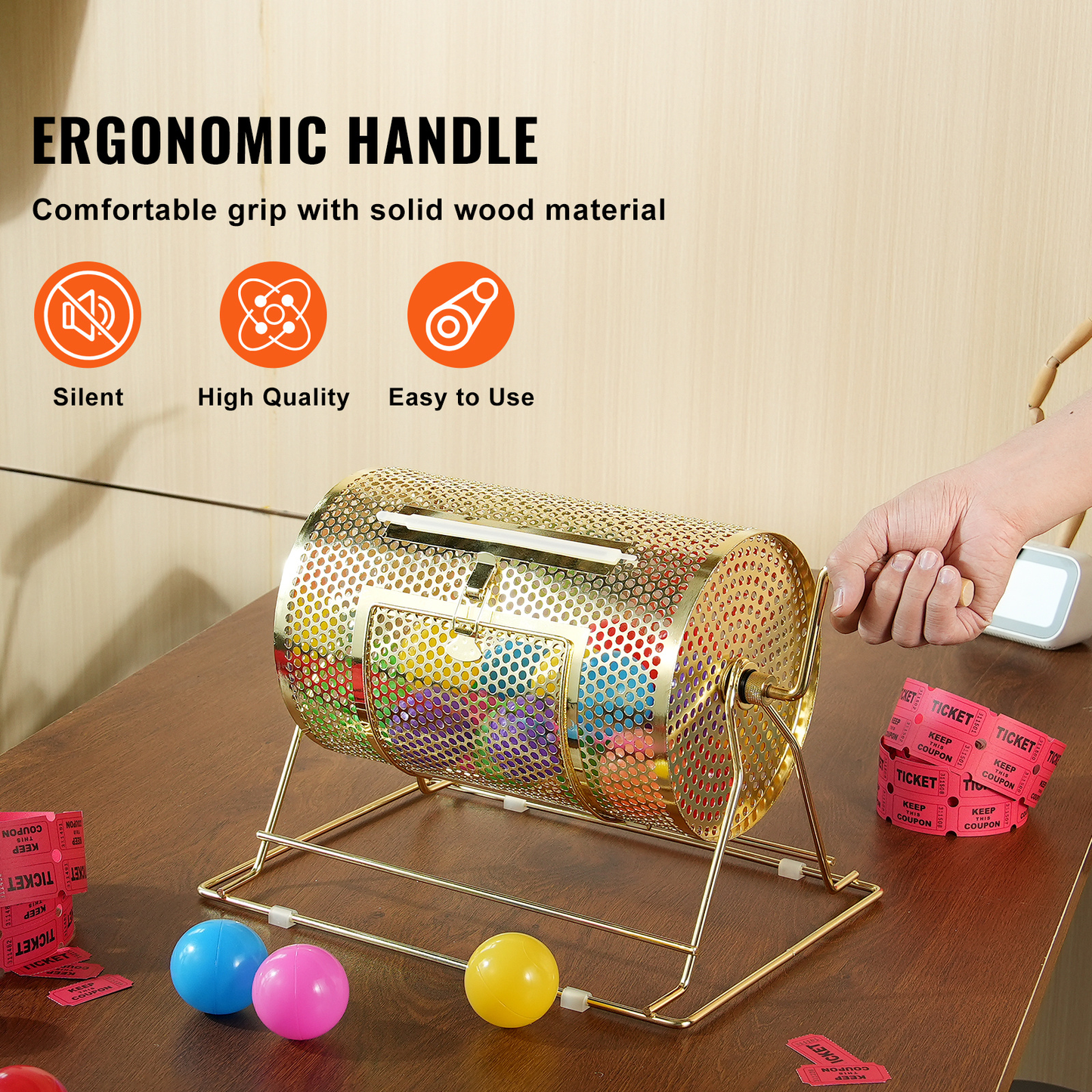 Raffle Drum Spinning Cage 12 Inch – Brass Plated Metal Lottery Ticket Drum with Wooden Handle, Holds 2500 Tickets or 100 Ping Pong Balls