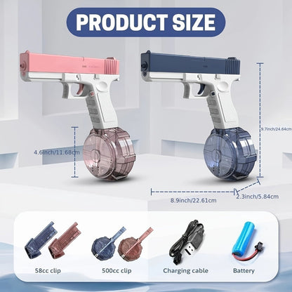 Compact Electric Water Blaster with 500cc and 60cc Detachable Reservoirs, Blue or Pink Body Design
