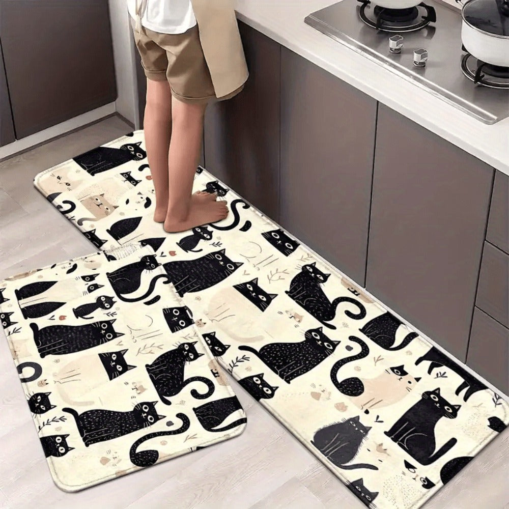 Black-and-White Cat Kitchen Floor Mat with Playful Pattern in 20 x 31 or 23.6 x 35.4-Inch Sizes