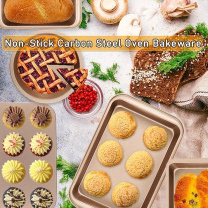 Nonstick Bakeware Set Stackable Space-Saving - Round & Square Pans, Waffle Tray, Cookie Sheet, Carbon Steel Baking Pan Set for Oven