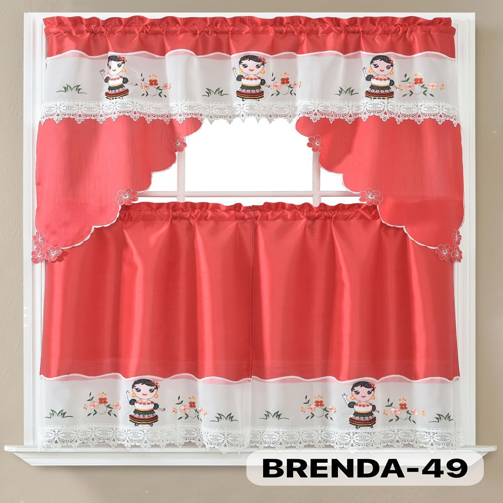 Kitchen Curtains 3 Piece Set Embroidered Satin Valance and Tiers – Rod Pocket Light Filtering Machine Washable 46 Colors