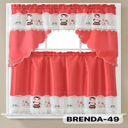Kitchen Curtains 3 Piece Set Embroidered Satin Valance and Tiers – Rod Pocket Light Filtering Machine Washable 46 Colors