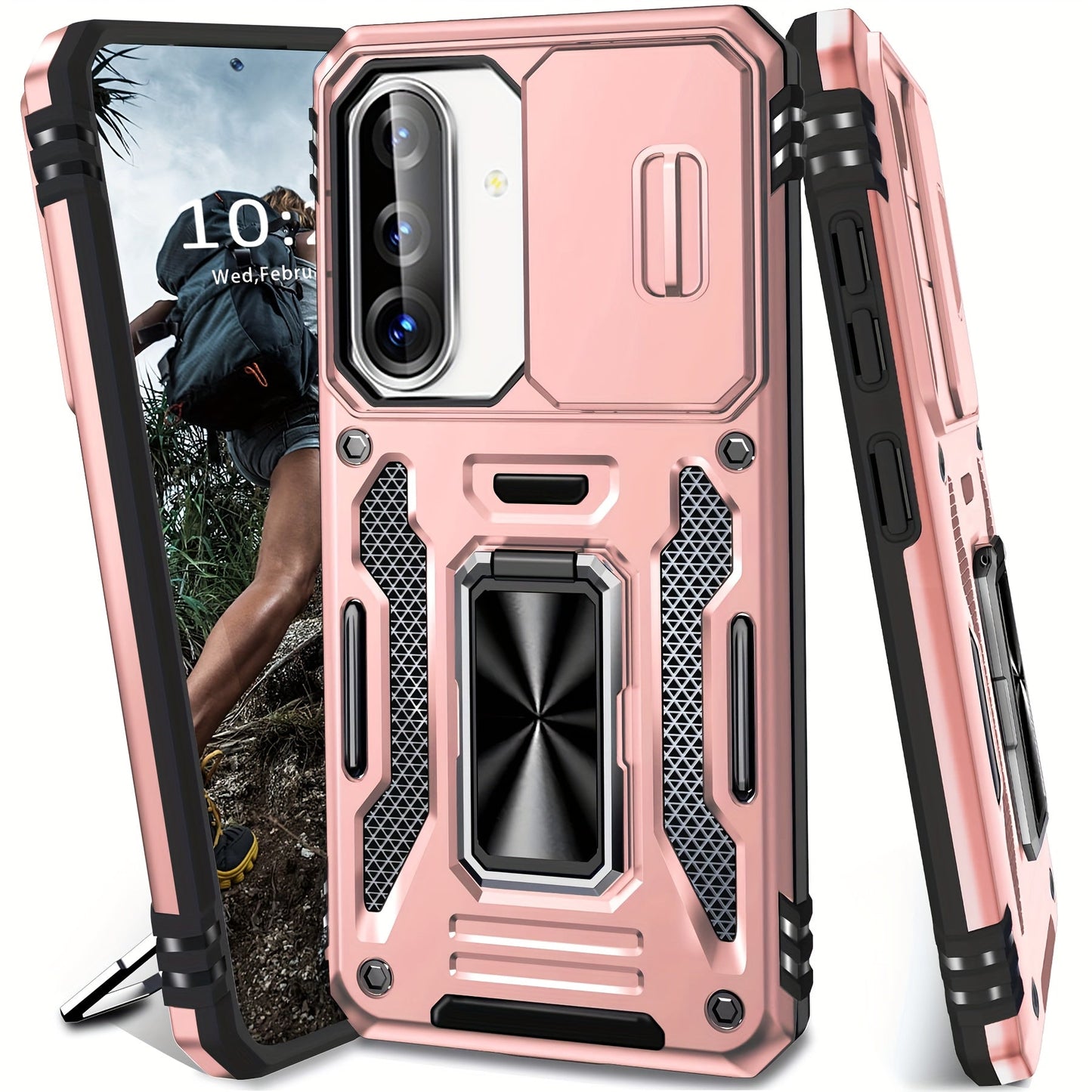 Samsung Galaxy Shockproof Magnetic Phone Case with 360° Rotating Ring Bracket & Sliding Lens Protector – Heavy Duty Cover for S24FE S23FE