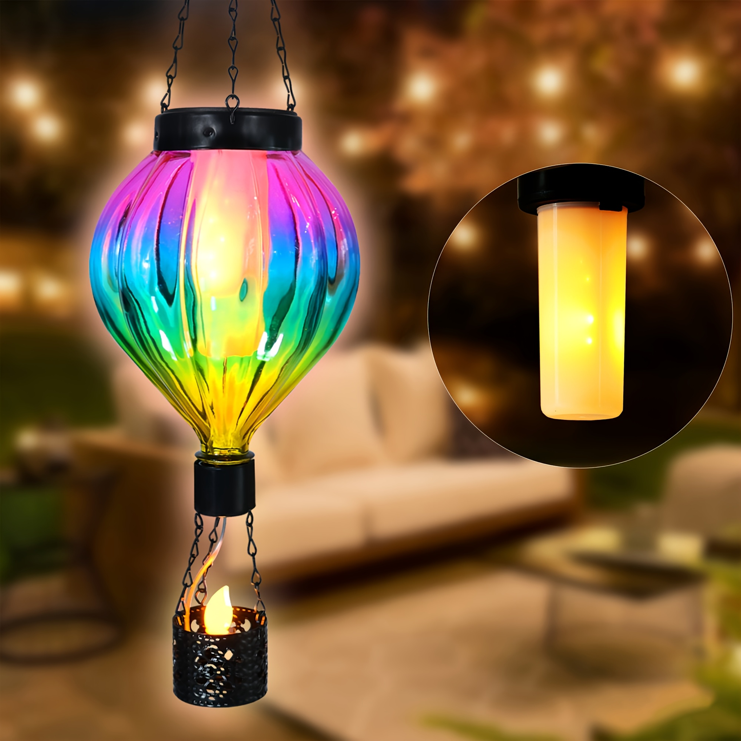 Solar Outdoor Lights Hot Air Balloon Hanging Lantern with Flame-Effect LED and Metal Frame for Garden Decor