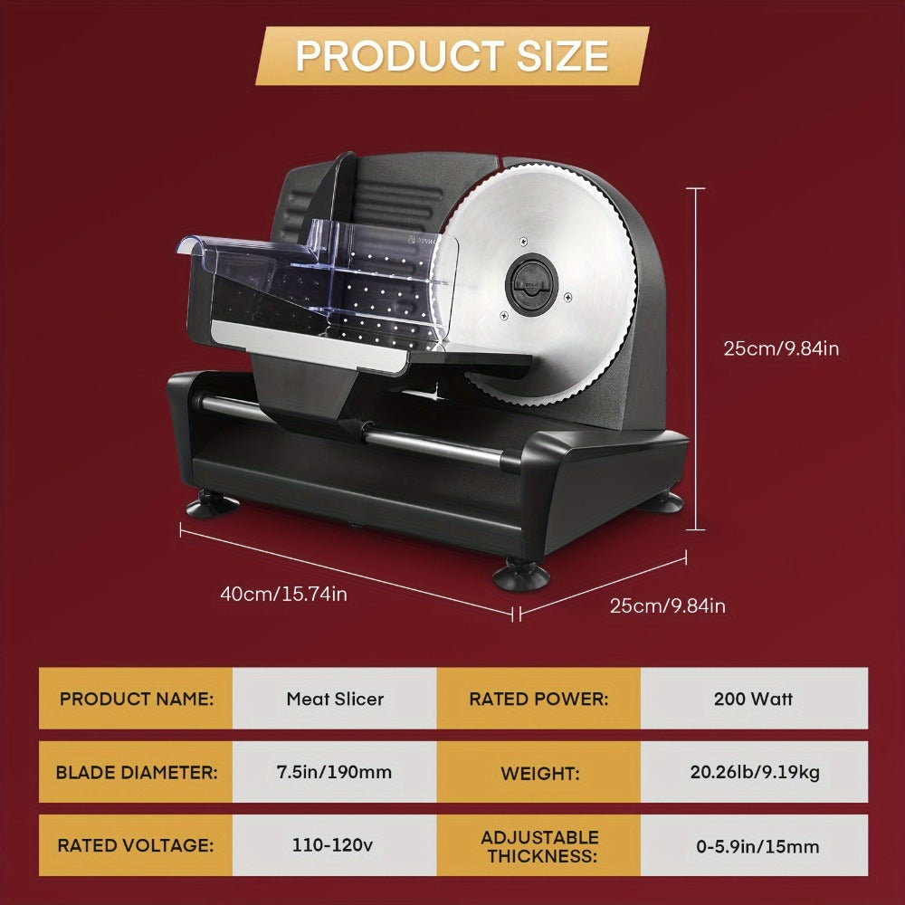 Electric Meat Slicer 200W Deli Food Slicer with Two 7.5" Removable Stainless Steel Blades for Entryways, Bedrooms and Living Spaces