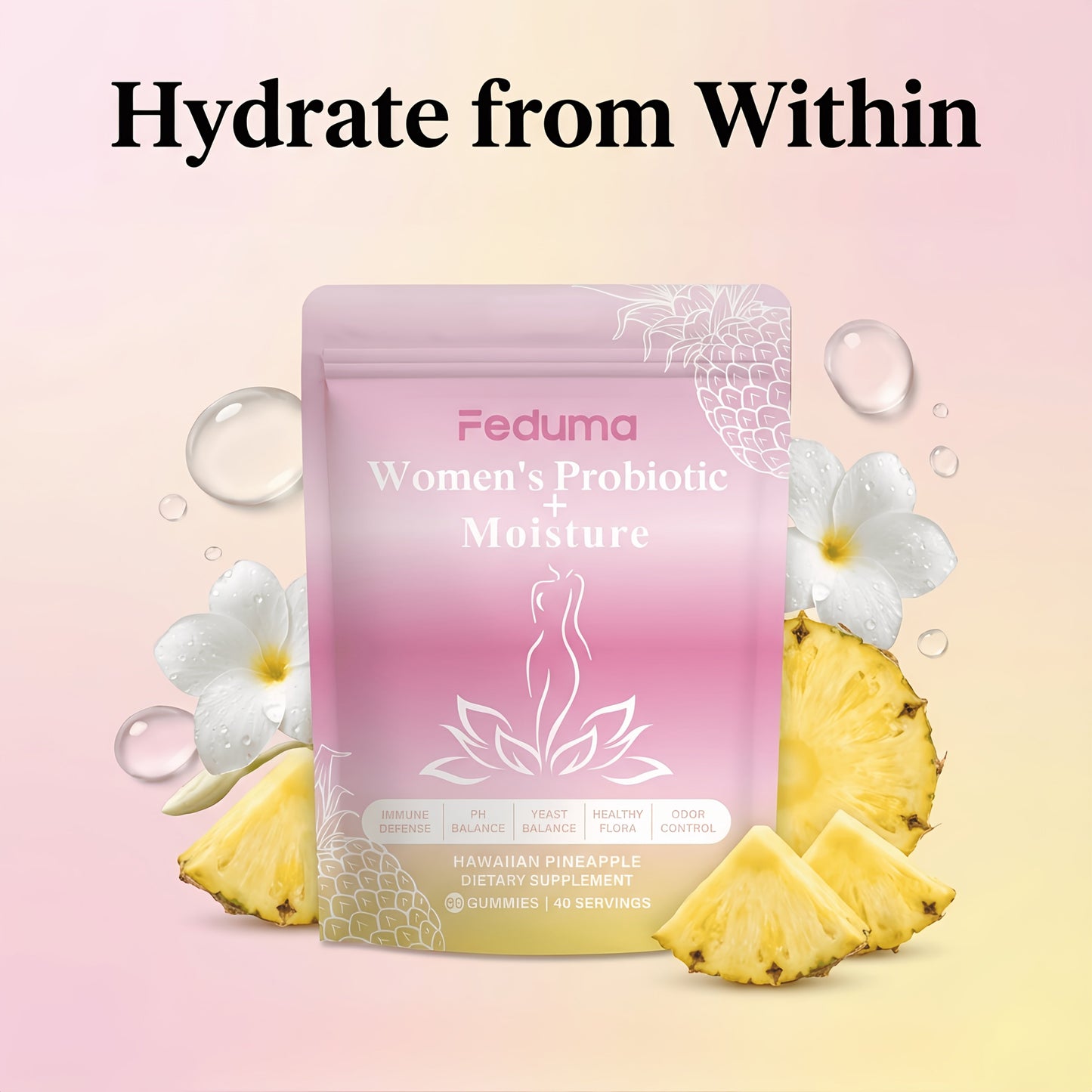 Women's Probiotic Gummies with Slippery Elm for Intimate Moisture Odor Control Healthy Flora