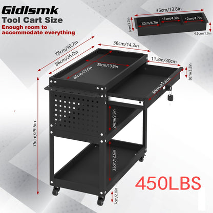 Rolling Tool Cart 3-Layer with Drawers & Screw Box Storage, Heavy-Duty Mechanic Trolley on Wheels for Garage Workshop Repair Shop