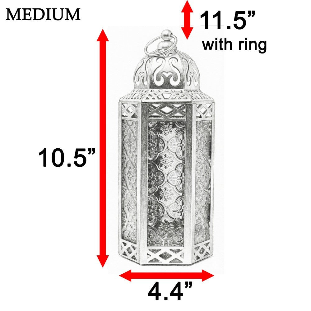 Moroccan Candle Lantern Holder - Decorative Metal & Glass Lantern with Embossed Floral Design for Indoor Home Decor