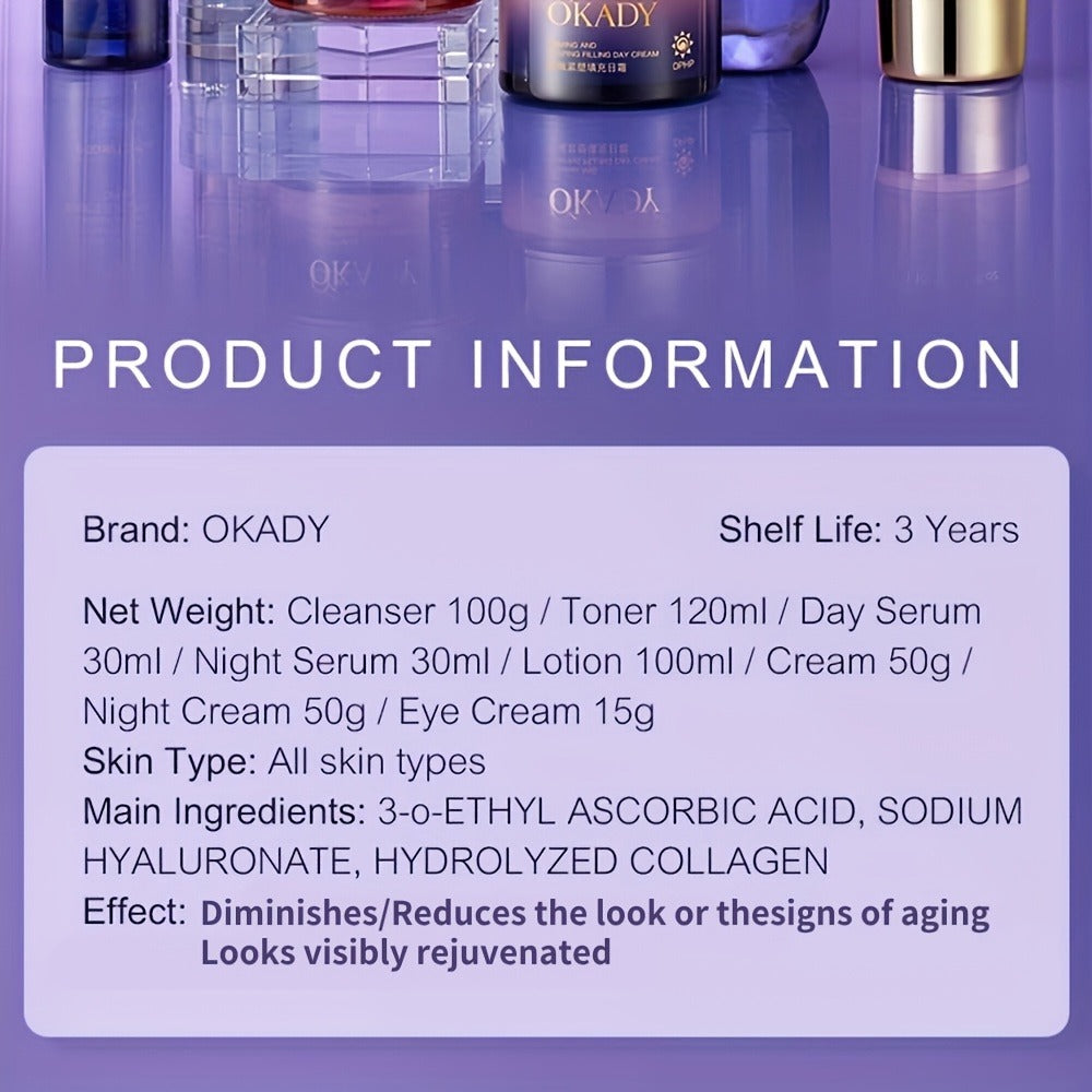 Skincare Set with OKADY Label, 8 Collagen and Hyaluronic Acid Product Items in Blue Gold Gift Box