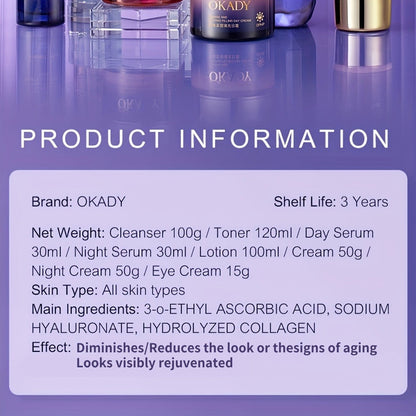 Skincare Set with OKADY Label, 8 Collagen and Hyaluronic Acid Product Items in Blue Gold Gift Box