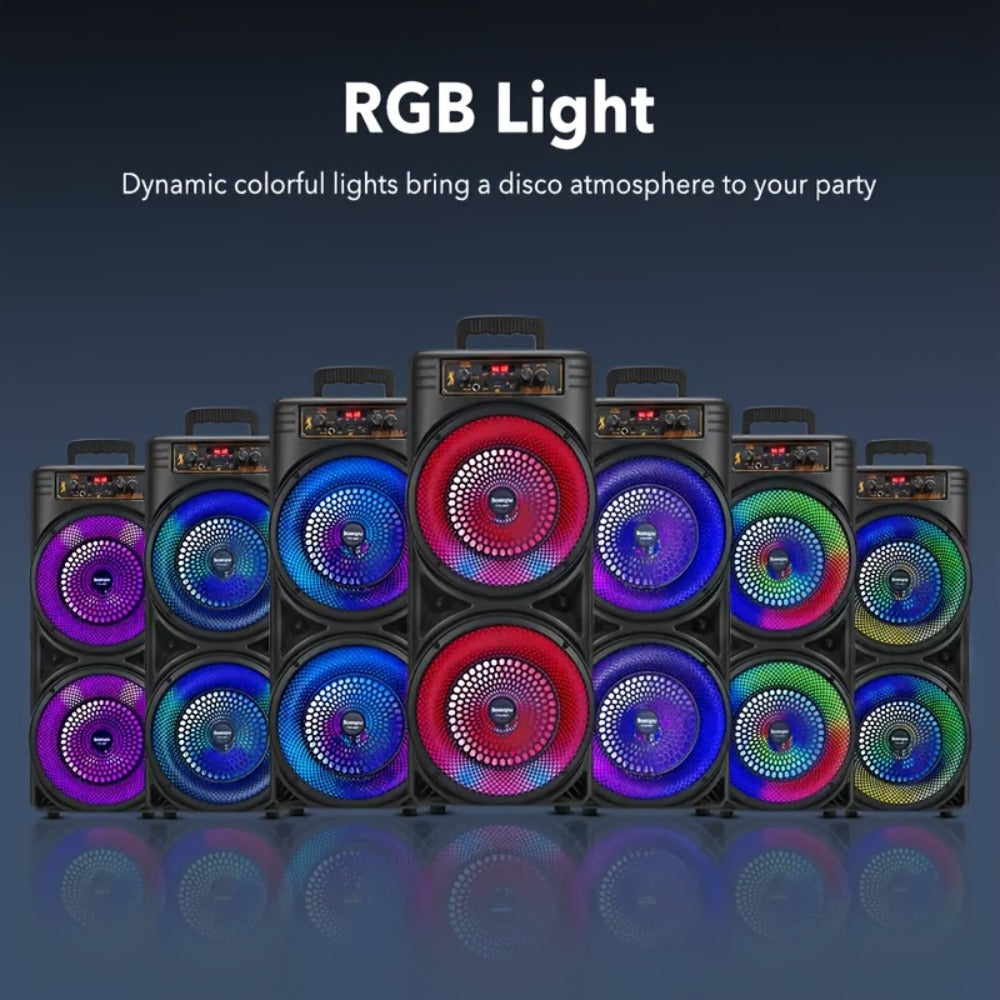Dual 8.5" Subwoofer Party Speaker 6000W with RGB Lights | Portable Wireless Bluetooth 5.0, TWS Stereo Pairing, FM Radio, Built-in Mic