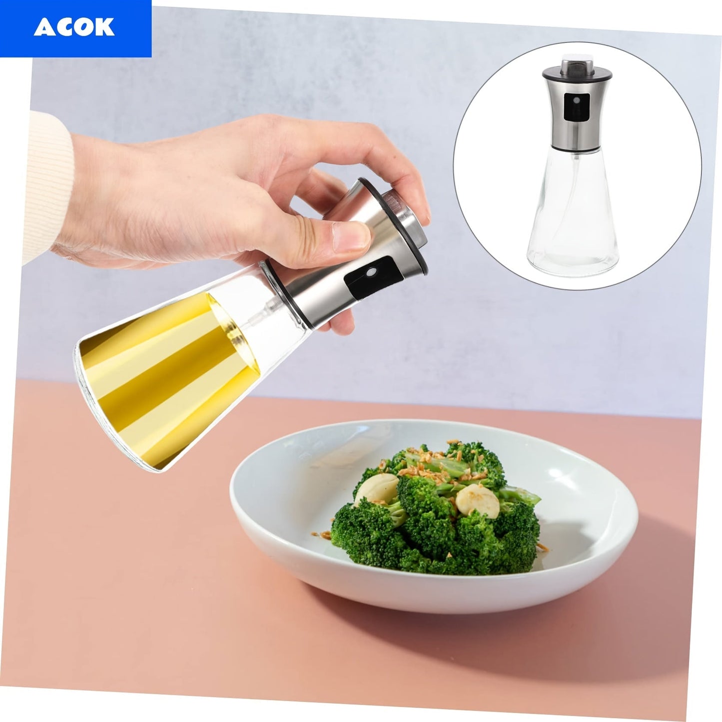 Oil Sprayer for Cooking Stainless Steel, Pressurized Glass Olive Oil Spray Bottle for Kitchen BBQ Grilling Baking Air Fryer