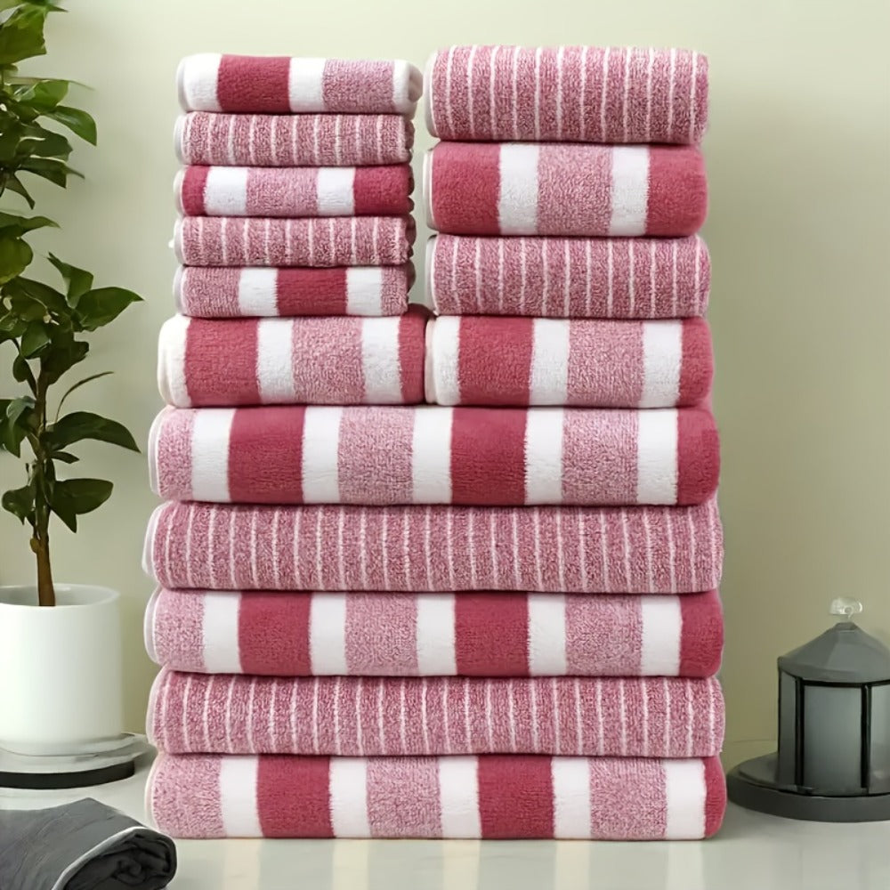 Towel Set 9 or 15 Piece 320GSM Coral Fleece Striped Mix in Five Solid or Mixed Colors for Home and Guest Use