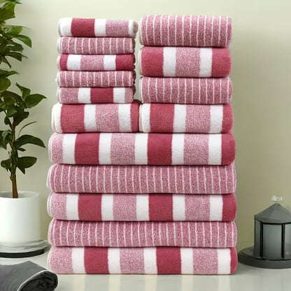 Towel Set 9 or 15 Piece 320GSM Coral Fleece Striped Mix in Five Solid or Mixed Colors for Home and Guest Use