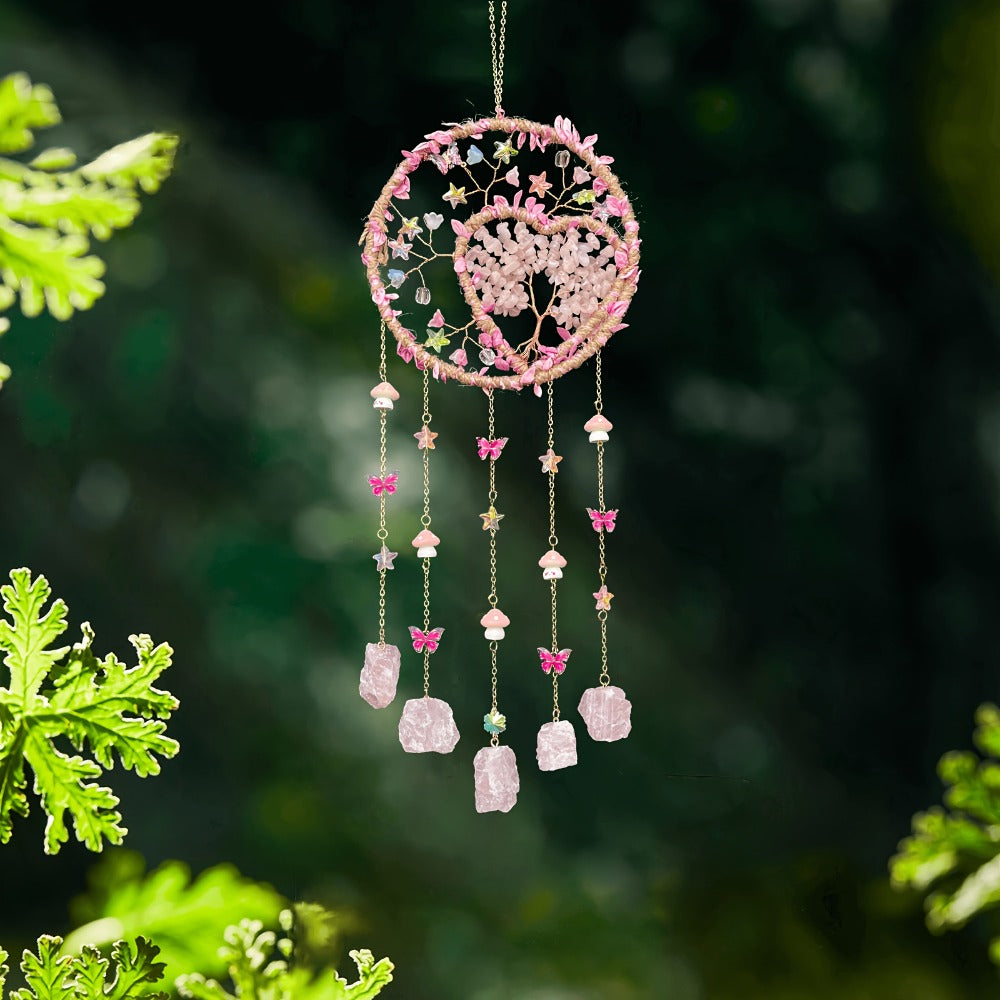 Boho Crystal Wall Hanging Decor – Handmade Stone Bead Wind Chime with Colorful Gemstone Heart & Circular Crystal Pendant for Bedroom Living