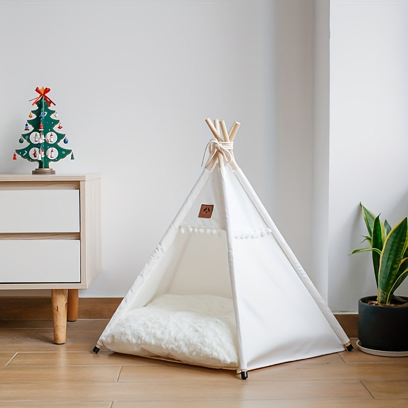 Pet Teepee Bed with Cushion – Linen Fabric Cat & Dog Tent, Dome-Shaped All-Season Indoor Outdoor House, Padded & Sturdy Frame