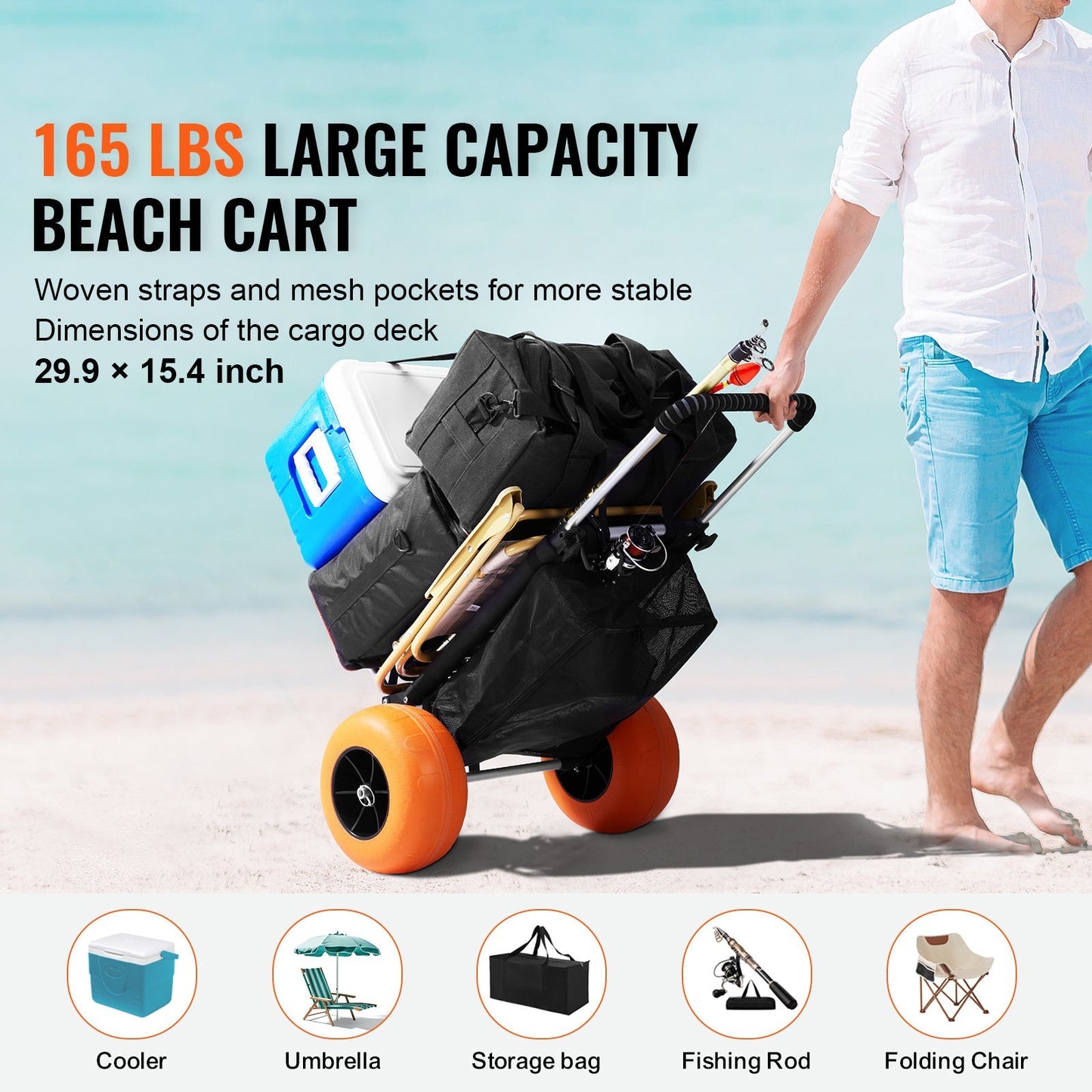 Beach Cart Aluminum Alloy 12-Inch PU Foam Wheels Folding Sand Cart Adjustable Handle for Camping Fishing Gardening Outdoor