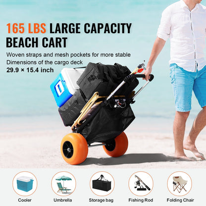 Beach Cart Aluminum Alloy 12-Inch PU Foam Wheels Folding Sand Cart Adjustable Handle for Camping Fishing Gardening Outdoor