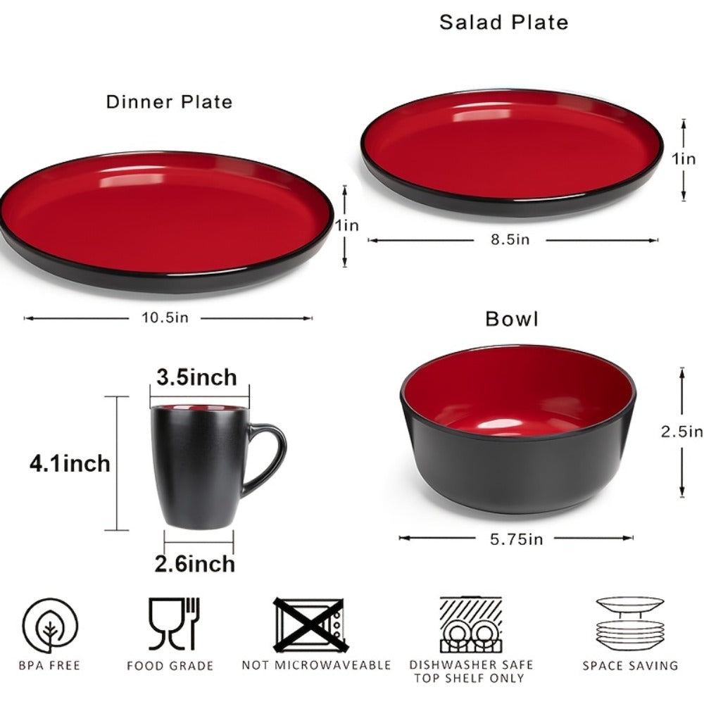 Dinnerware Set Options for Four with Round Plates, Bowls and Cups in Black, Red, Blue, Green or Floral Designs