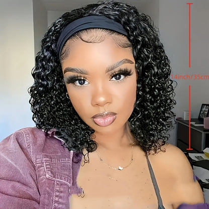 Headband Wig Human Hair Short Curly Pixie 14 Inch No Glue No Lace Glueless Wear and Go Natural, for Home, Travel and Salon Hair Styling