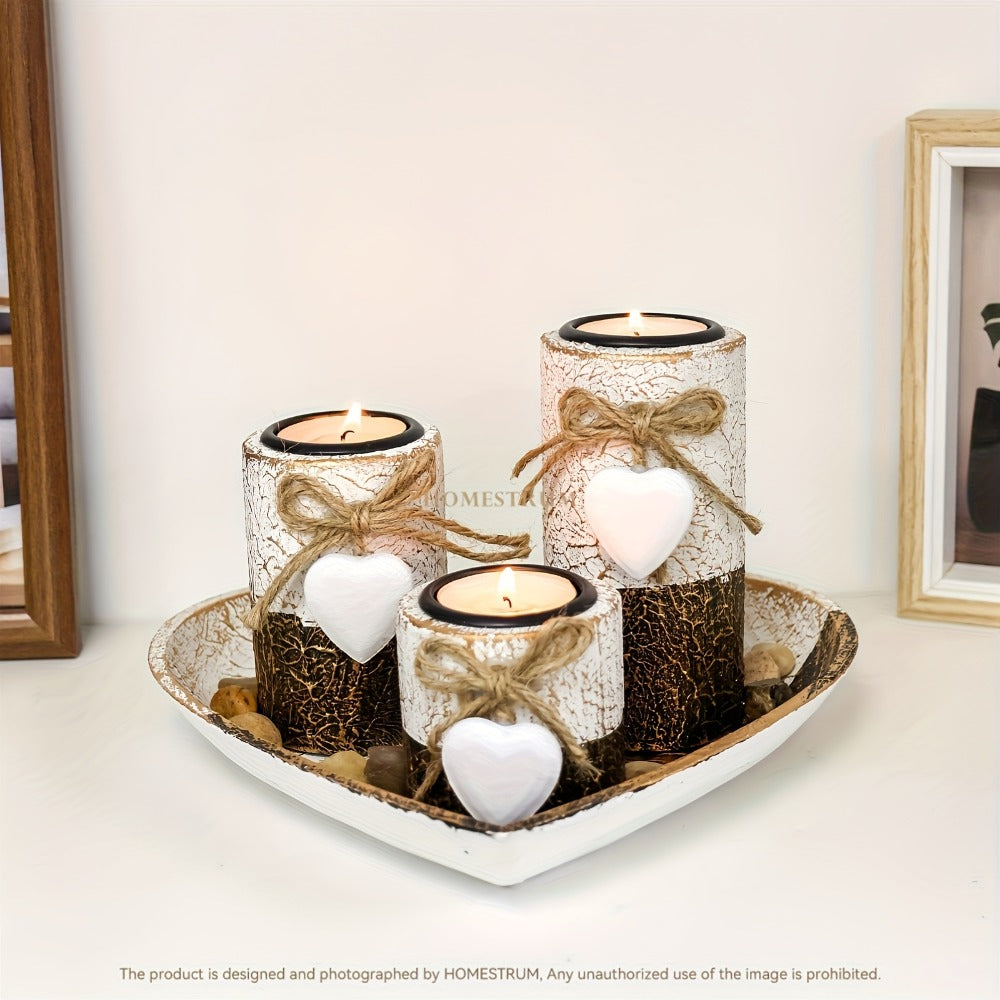 Wooden Candle Holder Set of 4, Love Heart Tray, Tea Light Holder, Knot Bow Decoration & Decorative Stone Bowl for Home Decor