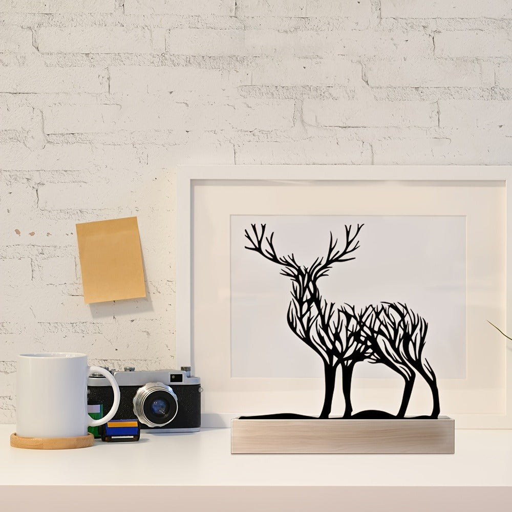 Deer Branch Silhouette Tabletop Decor with Black Iron-Metal Figures, Wood-Look Base and 5.9 x 5.9-Inch Size