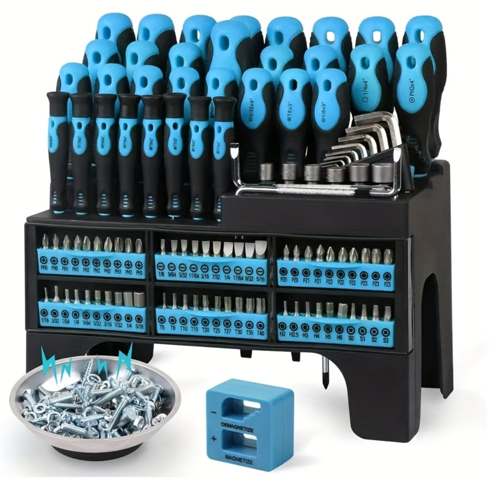 Screwdriver Organizer Set with 69- or 118-Piece Rack Configurations in Green, Red or Orange and Blue