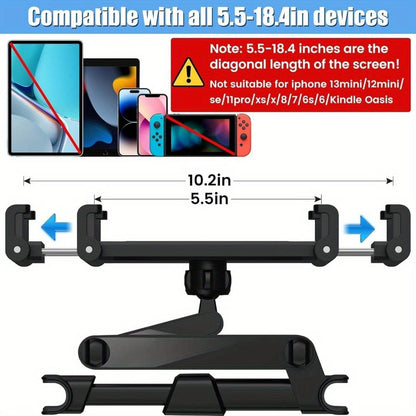 Car Headrest Tablet Mount 2-Pack – 360° Rotating Adjustable Holder for iPad & Tablets 5.5–18.4 Inch, Soft Sponge Padding