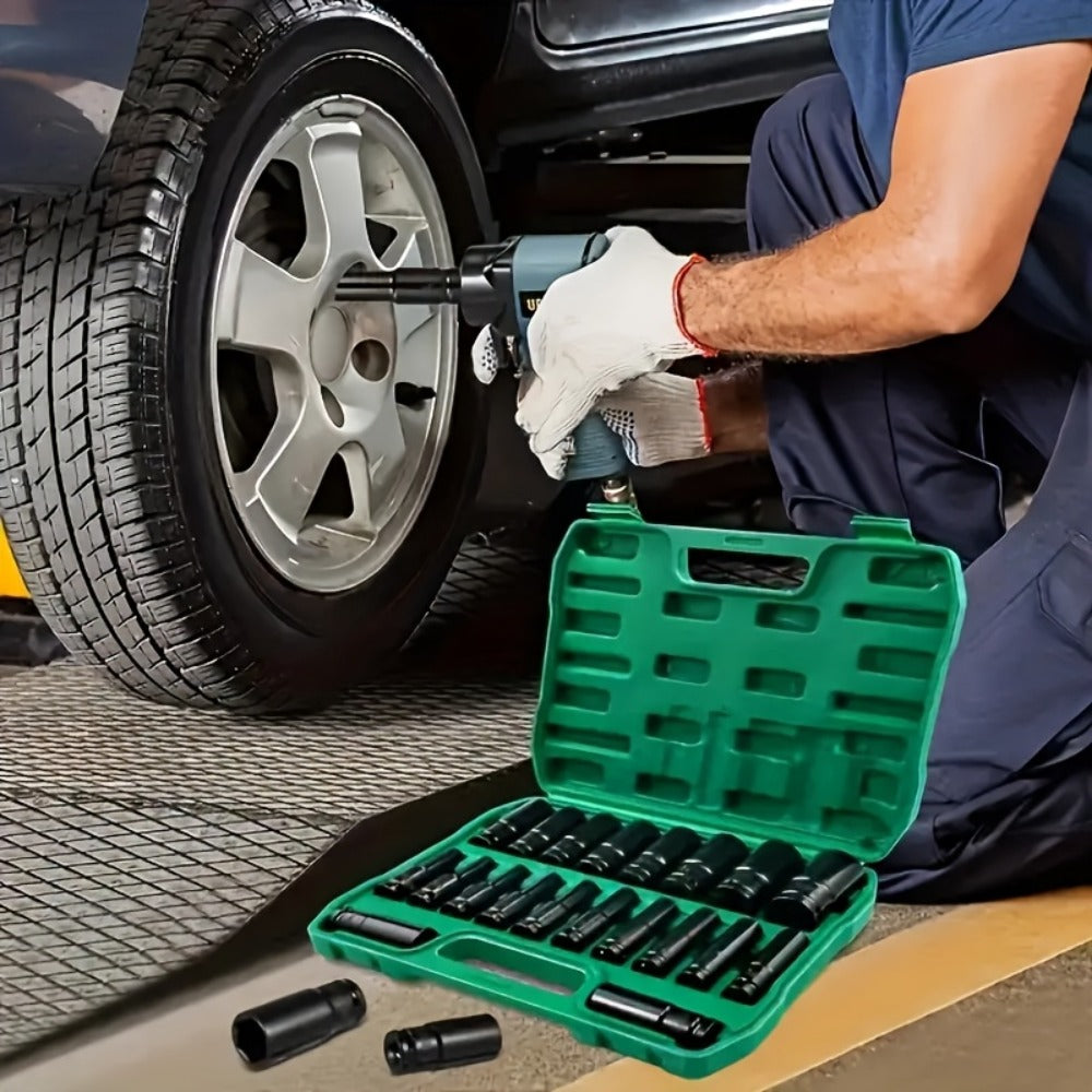 Half-Inch Drive Deep Metric Socket Set with 10- or 20-Piece Checkout Options and Green Carry Case