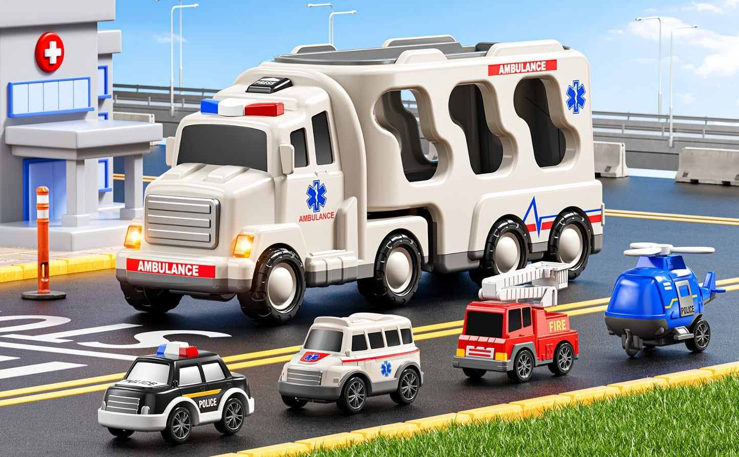 Ambulance Truck Toy Set for Boys, 5-in-1 Friction Power Carrier Truck with Lights & Sounds
