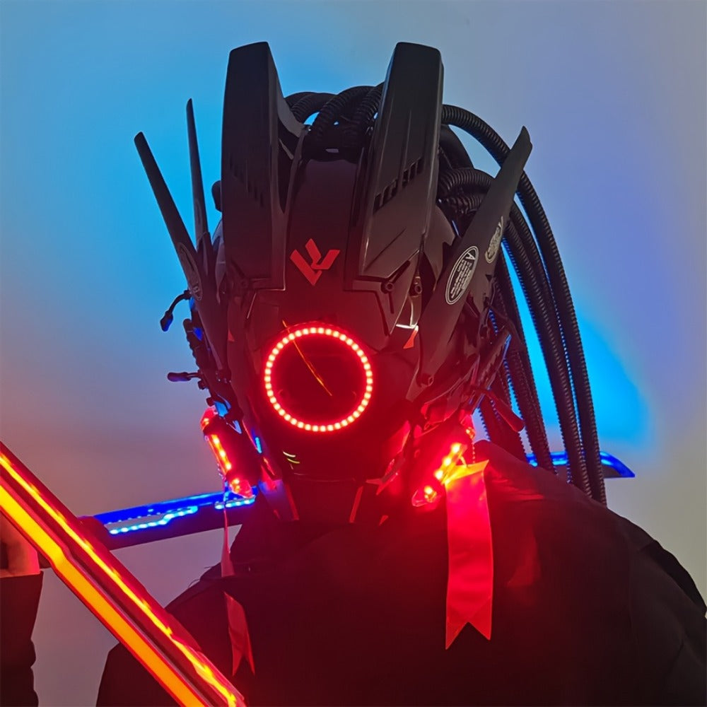 LED Cyberpunk Samurai Mask with Braids, Futuristic Sci-Fi Mechanical Face Mask for Halloween, Cosplay