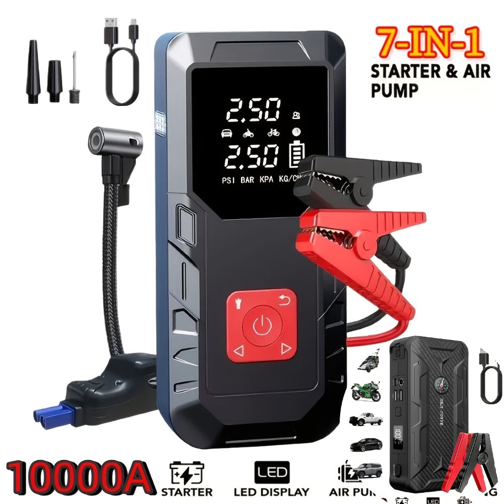 Portable Car Jump Starter 10000A – 9-in-1 Battery Booster with 350PSI Tire Inflator, LED Light, USB-C Fast Charging