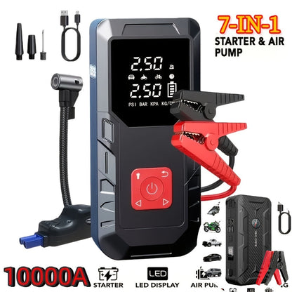 Portable Car Jump Starter 10000A – 9-in-1 Battery Booster with 350PSI Tire Inflator, LED Light, USB-C Fast Charging