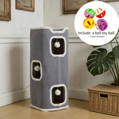 Cat Tree Tower Multi-Level Foldable – Indoor Cat House with Scratch Resistant Post, Soft Top Cat Bed, Cat Hideaway & Bell Ball Toy