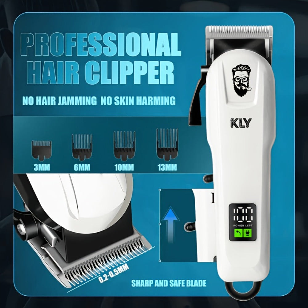 Hair Clippers & Trimmers KLY White Full-Size Clipper with LCD Display, USB Charging and Guide Comb Set