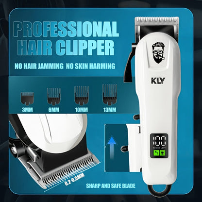 Hair Clippers & Trimmers KLY White Full-Size Clipper with LCD Display, USB Charging and Guide Comb Set