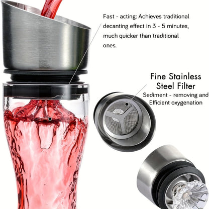 Wine Decanter Hand Blown Crystal Glass 1000ml Aerator Pourer Red Wine Carafe with Stainless Steel Aerator Lead-Free Clear Glass Perfect Gift