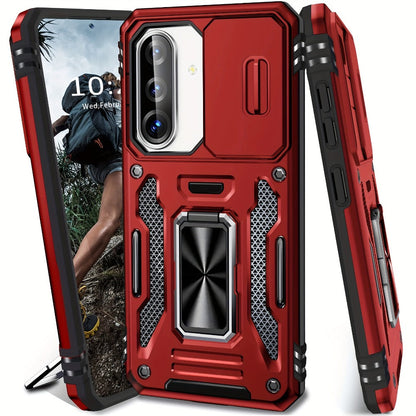 Samsung Galaxy Shockproof Magnetic Phone Case with 360° Rotating Ring Bracket & Sliding Lens Protector – Heavy Duty Cover for S24FE S23FE