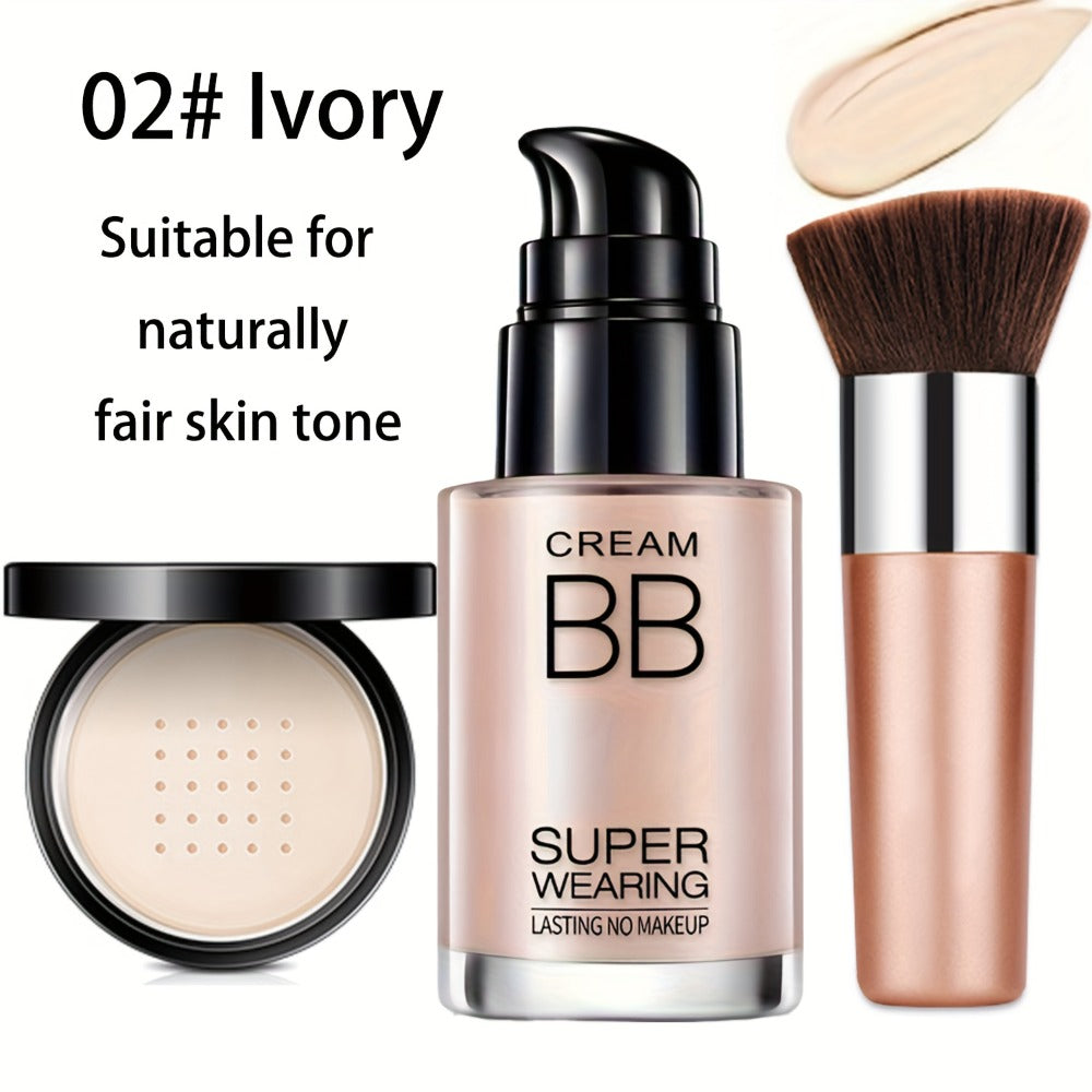 BB Cream Makeup Kit with Loose Setting Powder Brush & Sponge – Full Coverage Waterproof Long-Lasting Hydrating Foundation Set for All Skin