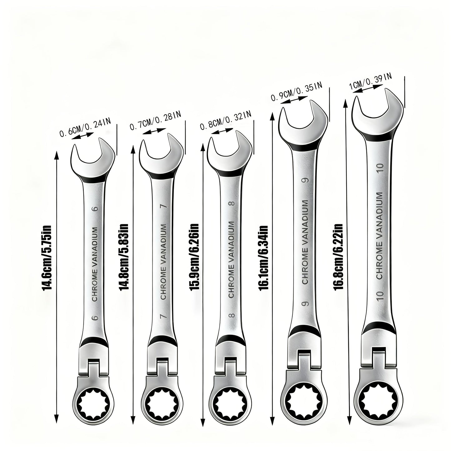 Ratchet Wrench Set 5pcs Flexible Head 6-10mm Metric Chrome Vanadium Steel 72-Tooth Combination Wrench for Home, Garage and DIY Projects