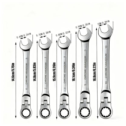 Ratchet Wrench Set 5pcs Flexible Head 6-10mm Metric Chrome Vanadium Steel 72-Tooth Combination Wrench for Home, Garage and DIY Projects