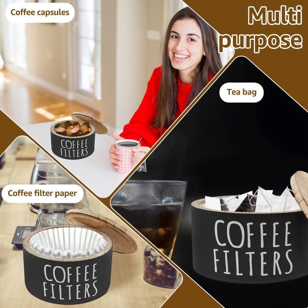Wooden Coffee Filter Holder with Lid – Large Capacity Rustic Round Organizer Dispenser for Coffee Filters & Tea Bags, Bamboo Lid