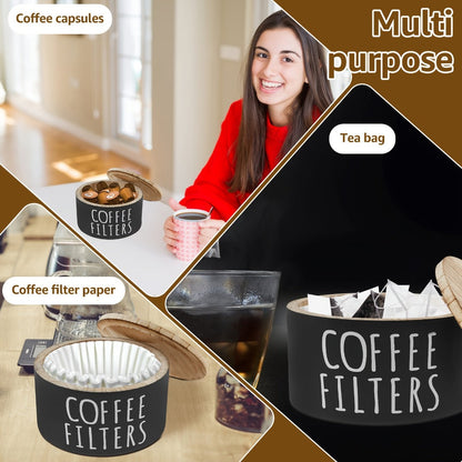 Wooden Coffee Filter Holder with Lid – Large Capacity Rustic Round Organizer Dispenser for Coffee Filters & Tea Bags, Bamboo Lid